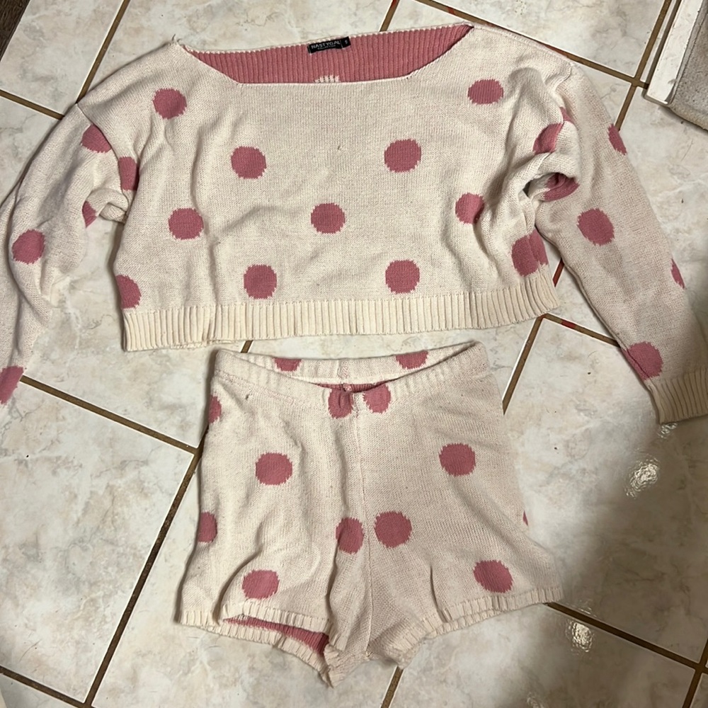 Nasty Gal size small pink and white Polk a dot outfit. Made of knitted material.
